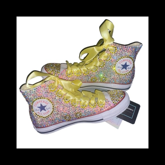 Yellow Crystals AB DiamondHigh Top Converse Sizes 5 14 New With Ribbon Laces Shoes